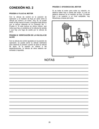 26
CONEXIÓN NO. 2
PRUEBA A: FLUJO AL MOTOR
Con la válvula de control en la posición de
operación y el medidor de flujo en serie entre la
válvula de control y el motor, (Fig. 8), se puede
medir el flujo hacia el motor y comparar esta lectura
con la lectura obtenida en la Conexión No. 1,
Prueba A. Si esta lectura es ahora inferior, eso
indica que hay un problema en la válvula de carrete
o que hay una fuga de aceite por la válvula de
alivio.
PRUEBA B: VERIFICACIÓN DE LA VÁLVULA DE
ALIVIO
Con la válvula de control ajustada en la posición de
operación, se puede cerrar la válvula restrictora
para observar la presión cuando se abre la válvula
de alivio. Si la presión es inferior a las
especificaciones, la válvula de alivio debería ser
revisada o reparada.
PRUEBA C: EFICIENCIA DEL MOTOR
Si se traba el motor para evitar su rotación, no
debería haber flujo a través del motor, lo cual se
debería observar en el medidor de flujo. Si existe
flujo y es superior a un nivel aceptable, hay
filtraciones a través del motor.
Figura 8
NOTAS
_________________________________________________
_________________________________________________
_________________________________________________
_________________________________________________
_________________________________________________
_________________________________________________
_________________________________________________
_________________________________________________
_________________________________________________
_________________________________________________
_________________________________________________
_________________________________________________
_________________________________________________
_________________________________________________
_________________________________________________
_________________________________________________
 
