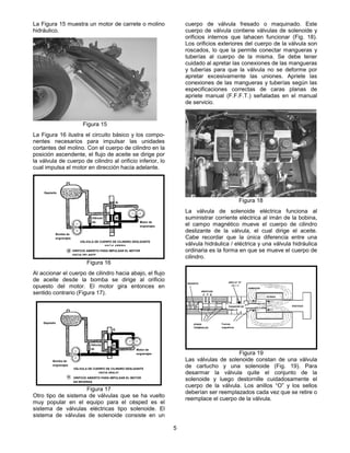 5
La Figura 15 muestra un motor de carrete o molino
hidráulico.
La Figura 16 ilustra el circuito básico y los compo-
nentes necesarios para impulsar las unidades
cortantes del molino. Con el cuerpo de cilindro en la
posición ascendente, el flujo de aceite se dirige por
la válvula de cuerpo de cilindro al orificio inferior, lo
cual impulsa el motor en dirección hacia adelante.
Al accionar el cuerpo de cilindro hacia abajo, el flujo
de aceite desde la bomba se dirige al orificio
opuesto del motor. El motor gira entonces en
sentido contrario (Figura 17).
Otro tipo de sistema de válvulas que se ha vuelto
muy popular en el equipo para el césped es el
sistema de válvulas eléctricas tipo solenoide. El
sistema de válvulas de solenoide consiste en un
cuerpo de válvula fresado o maquinado. Este
cuerpo de válvula contiene válvulas de solenoide y
orificios internos que lahacen funcionar (Fig. 18).
Los orificios exteriores del cuerpo de la válvula son
roscados, lo que la permite conectar mangueras y
tuberías al cuerpo de la misma. Se debe tener
cuidado al apretar las conexiones de las mangueras
y tuberías para que la válvula no se deforme por
apretar excesivamente las uniones. Apriete las
conexiones de las mangueras y tuberías según las
especificaciones correctas de caras planas de
apriete manual (F.F.F.T.) señaladas en el manual
de servicio.
La válvula de solenoide eléctrica funciona al
suministrar corriente eléctrica al imán de la bobina,
el campo magnético mueve el cuerpo de cilindro
deslizante de la válvula, el cual dirige el aceite.
Cabe recordar que la única diferencia entre una
válvula hidráulica / eléctrica y una válvula hidráulica
ordinaria es la forma en que se mueve el cuerpo de
cilindro.
Las válvulas de solenoide constan de una válvula
de cartucho y una solenoide (Fig. 19). Para
desarmar la válvula quite el conjunto de la
solenoide y luego destornille cuidadosamente el
cuerpo de la válvula. Los anillos “O” y los sellos
deberían ser reemplazados cada vez que se retire o
reemplace el cuerpo de la válvula.
Figura 15
Figura 16
Figura 17
Figura 18
Figura 19
Depósito
Bomba de
engranajes
Motor de
engranajes
VÁLVULA DE CUERPO DE CILINDRO DESLIZANTE
HACIA ARRIBA
ORIFICIO ABIERTO PARA IMPULSAR EL MOTOR
HACIA DELANTE
Válvula
de
alivio
Depósito
Bomba de
engranajes
VÁLVULA DE CUERPO DE CILINDRO DESLIZANTE
HACIA ABAJO
ORIFICIO ABIERTO PARA IMPULSAR EL MOTOR
EN REVERSA
Motor de
engranajes
Válvula
de
alivio
BOBINA
ARMAZÓN
ORIFICIOS
ZONAS
TERMINALES
Fuerzas
magnéticas
VÁSTAGO
RESORTE
ANILLO “O”
SELLO
PASADOR DE
EMPUJE
 
