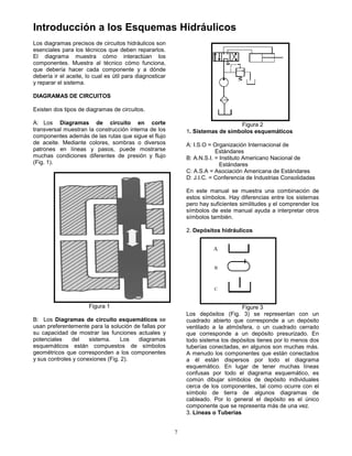 7
Introducción a los Esquemas Hidráulicos
Los diagramas precisos de circuitos hidráulicos son
esenciales para los técnicos que deben repararlos.
El diagrama muestra cómo interactúan los
componentes. Muestra al técnico cómo funciona,
que debería hacer cada componente y a dónde
debería ir el aceite, lo cual es útil para diagnosticar
y reparar el sistema.
DIAGRAMAS DE CIRCUITOS
Existen dos tipos de diagramas de circuitos.
A: Los Diagramas de circuito en corte
transversal muestran la construcción interna de los
componentes además de las rutas que sigue el flujo
de aceite. Mediante colores, sombras o diversos
patrones en líneas y pasos, puede mostrarse
muchas condiciones diferentes de presión y flujo
(Fig. 1).
Figura 1
B: Los Diagramas de circuito esquemáticos se
usan preferentemente para la solución de fallas por
su capacidad de mostrar las funciones actuales y
potenciales del sistema. Los diagramas
esquemáticos están compuestos de símbolos
geométricos que corresponden a los componentes
y sus controles y conexiones (Fig. 2).
Figura 2
1. Sistemas de símbolos esquemáticos
A: I.S.O = Organización Internacional de
Estándares
B: A.N.S.I. = Instituto Americano Nacional de
Estándares
C: A.S.A = Asociación Americana de Estándares
D: J.I.C. = Conferencia de Industrias Consolidadas
En este manual se muestra una combinación de
estos símbolos. Hay diferencias entre los sistemas
pero hay suficientes similitudes y el comprender los
símbolos de este manual ayuda a interpretar otros
símbolos también.
2. Depósitos hidráulicos
Figure 3
Los depósitos (Fig. 3) se representan con un
cuadrado abierto que corresponde a un depósito
ventilado a la atmósfera, o un cuadrado cerrado
que corresponde a un depósito presurizado. En
todo sistema los depósitos tienes por lo menos dos
tuberías conectadas, en algunos son muchas más.
A menudo los componentes que están conectados
a él están dispersos por todo el diagrama
esquemático. En lugar de tener muchas líneas
confusas por todo el diagrama esquemático, es
común dibujar símbolos de depósito individuales
cerca de los componentes, tal como ocurre con el
símbolo de tierra de algunos diagramas de
cableado. Por lo general el depósito es el único
componente que se representa más de una vez.
3. Líneas o Tuberías
A
B
C
 