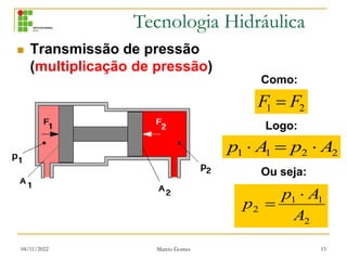 Tecnologia Hidráulica
04/11/2022 Marcio Gomes 15
 Transmissão de pressão
(multiplicação de pressão)
2
1 F
F 
2
2
1
1 A
p
A
p 


Como:
Logo:
Ou seja:
2
1
1
2
A
A
p
p


 