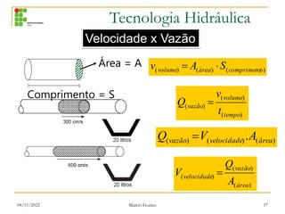Tecnologia Hidráulica
04/11/2022 Marcio Gomes 17
)
(
)
(
)
(
área
vazão
velocidade
A
Q
V 
)
(
)
(
)
( . área
velocidade
vazão A
V
Q 
)
(
)
(
)
(
tempo
volume
vazão
t
v
Q 
Área = A
Comprimento = S
)
(
)
(
)
( o
compriment
área
volume S
A
v 

Velocidade x Vazão
 
