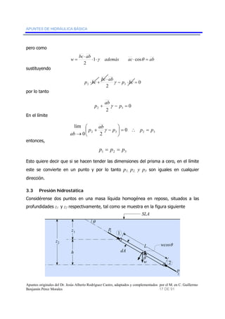 APUNTES DE HIDRÁULICA BÁSICA 
pero como 
w bc ⋅ 
= ab ⋅ 1 ⋅ γ además ac ⋅ cosθ 
= ab 
2 
sustituyendo 
0 
⋅ 
p ⋅bc + bc abγ p bc 
2 2 3 − ⋅ = 
por lo tanto 
0 
2 2 3 p + abγ − p = 
En el límite 
p ab p ⎞ 
p p 
2 3 2 3 0 
⎛ 
⎜⎝ 
+ − 
0 2 
lim 
ab 
= ∴ = ⎟⎠ 
→ 
γ 
entonces, 
1 2 3 p = p = p 
Esto quiere decir que si se hacen tender las dimensiones del prisma a cero, en el límite 
este se convierte en un punto y por lo tanto p1, p2, y p3 son iguales en cualquier 
dirección. 
3.3 Presión hidrostática 
Considérense dos puntos en una masa líquida homogénea en reposo, situados a las 
profundidades z1 y z2 respectivamente, tal como se muestra en la figura siguiente 
z 
z1 
h 
2 
p 
p 
1 
wcosθ 
2 
SLA 
L 
dA 
w θ 
θ 
1 
2 
Apuntes originales del Dr. Jesús Alberto Rodríguez Castro, adaptados y complementados por el M. en C. Guillermo 
Benjamín Pérez Morales 17 DE 91 
 
