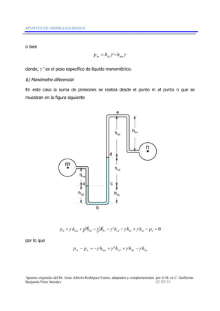 APUNTES DE HIDRÁULICA BÁSICA 
o bien 
γ γ m dc ma p = h '−h 
donde, γ ’ es el peso específico de líquido manométrico. 
b) Manómetro diferencial 
En este caso la suma de presiones se realiza desde el punto m al punto n que se 
muestran en la figura siguiente 
m 
n 
hma 
a 
b 
d 
c 
e 
hab 
hde 
hcd 
hbc 
hen 
+ + ' − ' − ' − + − = 0 m ma ab bc cd de en n p γ h γ h γ h γ h γ h γ h p 
por lo que 
m n ma cd de en p − p = −γ h +γ ' h +γ h −γ h 
Apuntes originales del Dr. Jesús Alberto Rodríguez Castro, adaptados y complementados por el M. en C. Guillermo 
Benjamín Pérez Morales 22 DE 91 
 
