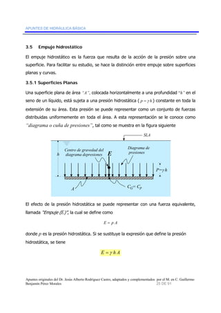 APUNTES DE HIDRÁULICA BÁSICA 
3.5 Empuje hidrostático 
El empuje hidrostático es la fuerza que resulta de la acción de la presión sobre una 
superficie. Para facilitar su estudio, se hace la distinción entre empuje sobre superficies 
planas y curvas. 
3.5.1 Superficies Planas 
Una superficie plana de área “A”, colocada horizontalmente a una profundidad “h” en el 
seno de un líquido, está sujeta a una presión hidrostática ( p =γ h ) constante en toda la 
extensión de su área. Esta presión se puede representar como un conjunto de fuerzas 
distribuidas uniformemente en toda el área. A esta representación se le conoce como 
“diagrama o cuña de presiones”, tal como se muestra en la figura siguiente 
E 
SLA 
Diagrama de 
presiones 
P=γ h 
Centro de gravedad del 
diagrama depresiones 
A CG = Cp 
h 
El efecto de la presión hidrostática se puede representar con una fuerza equivalente, 
llamada “Empuje (E)”, la cual se define como 
E = p A 
donde p es la presión hidrostática. Si se sustituye la expresión que define la presión 
hidrostática, se tiene 
E =γ h A 
Apuntes originales del Dr. Jesús Alberto Rodríguez Castro, adaptados y complementados por el M. en C. Guillermo 
Benjamín Pérez Morales 25 DE 91 
 