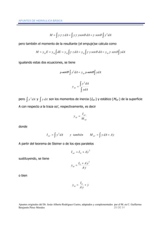 APUNTES DE HIDRÁULICA BÁSICA 
M = ∫ yγ z dA = ∫ yγ ysenθ dA =γ senθ ∫ y 2dA 
pero también el momento de la resultante (el empuje)se calcula como 
M = y E = y ∫ dE = y ∫ z dA = y ∫ y sen dA = y sen ∫ ydA cp cp cp cp cp γ γ θ γ θ 
igualando estas dos ecuaciones, se tiene 
sen ∫ y dA = y sen ∫ ydA cp γ θ 2 γ θ 
∫ = 
∫ 
2 
y dA 
ydA 
ycp 
pero ∫ y 2dA y ∫ y dA son los momentos de inercia (Ioo’ ) y estático (Moo’ ) de la superficie 
A con respecto a la traza oo’, respectivamente, es decir 
' 
oo 
' 
oo 
I 
y = 
cp M 
donde 
I = y 2 
dA y también M = y dA = 
Ay oo ' 
∫ oo ' ∫ A partir del teorema de Steiner o de los ejes paralelos 
2 
' I I Ay oo G = + 
sustituyendo, se tiene 
+ 2 
y IG A y 
cp 
A y 
= 
o bien 
y 
y IG 
cp = + 
A y 
Apuntes originales del Dr. Jesús Alberto Rodríguez Castro, adaptados y complementados por el M. en C. Guillermo 
Benjamín Pérez Morales 29 DE 91 
 