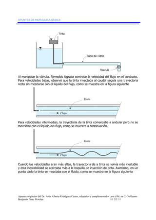 APUNTES DE HIDRÁULICA BÁSICA 
Tinta 
Tubo de vídrio 
Válvula 
Al manipular la válvula, Reynolds lograba controlar la velocidad del flujo en el conducto. 
Para velocidades bajas, observó que la tinta inyectada al caudal seguía una trayectoria 
recta sin mezclarse con el líquido del flujo, como se muestra en la figura siguiente 
Flujo 
Tinta 
Para velocidades intermedias, la trayectoria de la tinta comenzaba a ondular pero no se 
mezclaba con el líquido del flujo, como se muestra a continuación. 
Flujo 
Tinta 
Cuando las velocidades eran más altas, la trayectoria de a tinta se volvía más inestable 
y esta inestabilidad se acercaba más a la boquilla de inyección de tinta. Asimismo, en un 
punto dado la tinta se mezclaba con el fluido, como se muestra en la figura siguiente 
Apuntes originales del Dr. Jesús Alberto Rodríguez Castro, adaptados y complementados por el M. en C. Guillermo 
Benjamín Pérez Morales 68 DE 91 
 