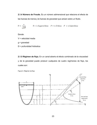 23
2.1.4 Número de Froude. Es un número adimensional que relaciona el efecto de
las fuerzas de inercia y la fuerzas de gravedad que actúan sobre un fluido.
Donde:
V = velocidad media
g = gravedad
D = profundidad hidráulica
2.1.5 Régimen de flujo. En un canal abierto el efecto combinado de la viscosidad
y de la gravedad puede producir cualquiera de cuatro regímenes de flujo, los
cuales son:
Figura 4. Régimen de flujo
Zona de flujo
subcrítico
F < 1
Zona de flujo
supercrítico
F > 1
Estado crítico
F = 1
 