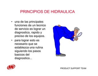PRODUCT SUPPORT TEAM
PRINCIPIOS DE HIDRAULICA
• una de las principales
funciones de un tecnico
de servicio es lograr un
diagnostico, rapido y
preciso de los equipos.
• para lograr esto es
necesario que se
establezca una rutina
siguiendo los pasos
basicos del
diagnostico...
 