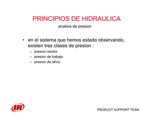 PRODUCT SUPPORT TEAM
PRINCIPIOS DE HIDRAULICA
• en el sistema que hemos estado observando,
existen tres clases de presion :
– presion neutra
– presion de trabajo
– presion de alivio
analisis de presion
 
