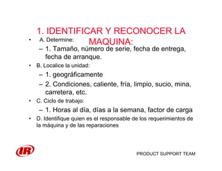 PRODUCT SUPPORT TEAM
1. IDENTIFICAR Y RECONOCER LA
MAQUINA:• A. Determine:
– 1. Tamaño, número de serie, fecha de entrega,
fecha de arranque.
• B. Localice la unidad:
– 1. geográficamente
– 2. Condiciones, caliente, fría, limpio, sucio, mina,
carretera, etc.
• C. Ciclo de trabajo:
– 1. Horas al día, días a la semana, factor de carga
• D. Identifique quien es el responsable de los requerimientos de
la máquina y de las reparaciones
 