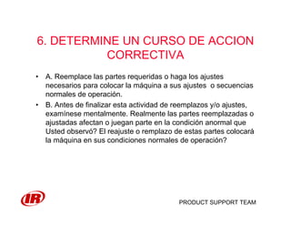 PRODUCT SUPPORT TEAM
6. DETERMINE UN CURSO DE ACCION
CORRECTIVA
• A. Reemplace las partes requeridas o haga los ajustes
necesarios para colocar la máquina a sus ajustes o secuencias
normales de operación.
• B. Antes de finalizar esta actividad de reemplazos y/o ajustes,
examínese mentalmente. Realmente las partes reemplazadas o
ajustadas afectan o juegan parte en la condición anormal que
Usted observó? El reajuste o remplazo de estas partes colocará
la máquina en sus condiciones normales de operación?
 