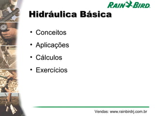 Hidráulica Básica

• Conceitos
• Aplicações
• Cálculos
• Exercícios




               Vendas: www.rainbirdrj.com.br
 