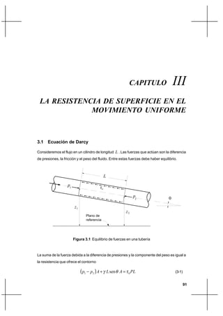91
La resistencia de superficie en el movimiento uniformeCapítulo III
3.1 Ecuación de Darcy
Consideremos el flujo en un cilindro de longitud L . Las fuerzas que actúan son la diferencia
de presiones, la fricción y el peso del fluido. Entre estas fuerzas debe haber equilibrio.
La suma de la fuerza debida a la diferencia de presiones y la componente del peso es igual a
la resistencia que ofrece el contorno
( ) PLALApp 021 sen τθγ =+− (3-1)
CAPITULO III
LA RESISTENCIA DE SUPERFICIE EN EL
MOVIMIENTO UNIFORME
Figura 3.1 Equilibrio de fuerzas en una tubería
p2
2z
p1
1z
L
θ
Plano de
referencia
τo
 