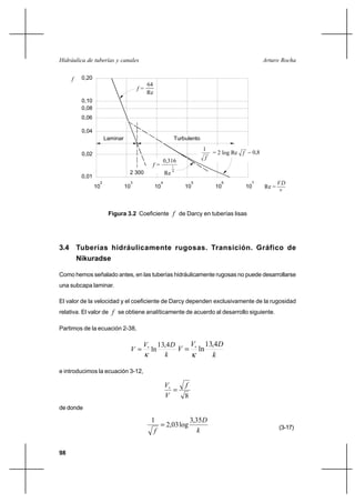 98
Arturo RochaHidráulica de tuberías y canales
3.4 Tuberías hidráulicamente rugosas. Transición. Gráfico de
Nikuradse
Como hemos señalado antes, en las tuberías hidráulicamente rugosas no puede desarrollarse
una subcapa laminar.
El valor de la velocidad y el coeficiente de Darcy dependen exclusivamente de la rugosidad
relativa. El valor de f se obtiene analíticamente de acuerdo al desarrollo siguiente.
Partimos de la ecuación 2-38,
k
DV
V
4,13
ln
κ
∗
=
k
DV
V
4,13
ln
κ
∗
=
e introducimos la ecuación 3-12,
8
f
V
V
=∗
de donde
k
D
f
35,3
log03,2
1
= (3-17)
Figura 3.2 Coeficiente f de Darcy en tuberías lisas
f =
2 300
0,08
10
0,02
0,01
0,04
0,06
2
10
3
Laminar
f
0,10
0,20
= 2 log Re
4
10
f =
Re 4
0,316
1
1
f
10
5
10
6
Turbulento
Re =
f − 0,8
10
7
v
DV
64
Re
 