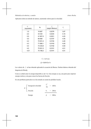 148
Arturo RochaHidráulica de tuberías y canales
Aplicamos ahora un método de tanteos, asumiendo valores para la velocidad.
=1V 4,51m/s
=Q 0,00142m3
/s
Los valores de f se han obtenido aplicando la ecuación de Blasius. Podrían haberse obtenido del
diagrama de Moody.
Como se señaló antes la energía disponible es de 5 m. Esta energía se usa, una parte para imprimir
energía cinética y otra para vencer las fuerzas de fricción.
En este problema particular no se ha tomado en cuenta las pérdidas locales.
Energía de velocidad
g
V
2
2
= 1,04m
Fricción fh = 3,96m
Energía E = 5,00m
V1
(supuesto)
Re
f
(según Blasius)
V1
1,0
2,0
2,5
4,0
4,2
4,3
4,4
4,5
4,51
16 667
33 334
41 667,5
66 668
70 001,4
71 668,1
73 334,8
75 001,5
75 168,2
0,0278
0,0234
0,0221
0,0197
0,0194
0,0193
0,0192
0,0191
0,0191
3,87
4,16
4,25
4,46
4,48
4,49
4,50
4,51
4,51
E
 