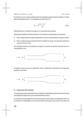156
Arturo RochaHidráulica de tuberías y canales
En la Figura 4.4 se muestran gráficamente los resultados experimentales de Gibson. El valor
obtenido del gráfico para K se reemplaza en la fórmula 4-10
g
VV
Khloc
2
)( 2
21 −
= (4-10)
Obteniéndose así la pérdida de carga en un ensanchamiento gradual.
Observando el gráfico de Gibson (Figura 4.4) se obtienen las siguientes conclusiones
a) Hay un ángulo óptimo de aproximadamente 8° para el cual la pérdida de carga es mínima.
b) Para un ángulo de aproximadamente 60° la pérdida de carga en la expansión gradual es
mayor que en la brusca.
Con el objeto de disminuir la pérdida de carga en un cambio de sección se puede recurrir a
una expansión curva.
En algunos casos se usa una expansión mixta o escalonada combinando una expansión
gradual y una brusca.
C. Contracción del conducto
La contracción puede ser también brusca o gradual. En general la contracción brusca produce
una pérdida de carga menor que el ensanchamiento brusco.
La contracción brusca significa que la corriente sufre en primer lugar una aceleración (de 0 a 1)
en la Figura 4.5 hasta llegar a una zona de máxima contracción que ocurre en la tubería de
D1 D2
1D 2D
 