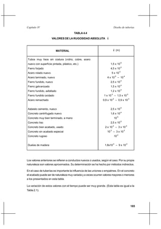 185
Diseño de tuberíasCapítulo IV
TABLA 4.4
VALORES DE LA RUGOSIDAD ABSOLUTA k
Los valores anteriores se refieren a conductos nuevos o usados, según el caso. Por su propia
naturaleza son valores aproximados. Su determinación se ha hecho por métodos indirectos.
En el caso de tuberías es importante la influencia de las uniones o empalmes. En el concreto
el acabado puede ser de naturaleza muy variada y a veces ocurren valores mayores o menores
a los presentados en esta tabla.
La variación de estos valores con el tiempo puede ser muy grande. (Esta tabla es igual a la
Tabla 2.1).
MATERIAL k (m)
Tubos muy lisos sin costura (vidrio, cobre, acero
nuevo con superficie pintada, plástico, etc.)
Fierro forjado
Acero rolado nuevo
Acero laminado, nuevo
Fierro fundido, nuevo
Fierro galvanizado
Fierro fundido, asfaltado
Fierro fundido oxidado
Acero remachado
Asbesto cemento, nuevo
Concreto centrifugado nuevo
Concreto muy bien terminado, a mano
Concreto liso
Concreto bien acabado, usado
Concreto sin acabado especial
Concreto rugoso
Duelas de madera
1,5 x 10
-6
4,5 x 10
-5
5 x 10
-5
4 x 10
-5
– 10
-4
2,5 x 10
-4
1,5 x 10
-4
1,2 x 10
-4
1 x 10
-3
– 1,5 x 10
-3
0,9 x 10
-4
– 0,9 x 10
-3
2,5 x 10
-5
1,6 x 10
-4
10
-5
2,5 x 10
-5
2 x 10
-4
– 3 x 10
-4
10
-3
– 3 x 10
-3
10
-2
1,8x10
-4
– 9 x 10
-4
 