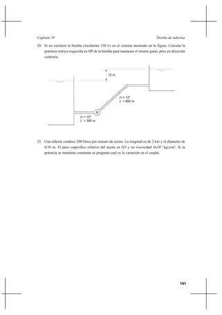 191
Diseño de tuberíasCapítulo IV
24. Si no existiera la bomba circularían 150 l/s en el sistema mostrado en la figura. Calcular la
potencia teórica requerida en HP de la bomba para mantener el mismo gasto, pero en dirección
contraria.
25. Una tubería conduce 200 litros por minuto de aceite. La longitud es de 2 km y el diámetro de
0,18 m. El peso específico relativo del aceite es 0,9 y su viscosidad 4x10-3
kg-s/m2
. Si la
potencia se mantiene constante se pregunta cual es la variación en el caudal.
B
D = 12"
L = 300 m
= 600 mL
D = 12"
12 m
 