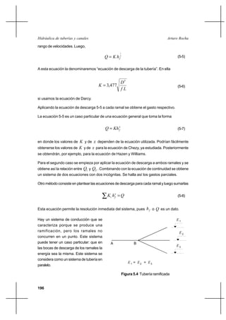 196
Arturo RochaHidráulica de tuberías y canales
rango de velocidades. Luego,
2
1
fhKQ = (5-5)
A esta ecuación la denominaremos “ecuación de descarga de la tubería”. En ella
Lf
D
K
5
477,3= (5-6)
si usamos la ecuación de Darcy.
Aplicando la ecuación de descarga 5-5 a cada ramal se obtiene el gasto respectivo.
La ecuación 5-5 es un caso particular de una ecuación general que toma la forma
x
fKhQ = (5-7)
en donde los valores de K y de x dependen de la ecuación utilizada. Podrían fácilmente
obtenerse los valores de K y de x para la ecuación de Chezy, ya estudiada. Posteriormente
se obtendrán, por ejemplo, para la ecuación de Hazen y Williams.
Para el segundo caso se empieza por aplicar la ecuación de descarga a ambos ramales y se
obtiene así la relación entre 1Q y 2Q . Combinando con la ecuación de continuidad se obtiene
un sistema de dos ecuaciones con dos incógnitas. Se halla así los gastos parciales.
Otro método consiste en plantear las ecuaciones de descarga para cada ramal y luego sumarlas
∑ = QhK x
fi (5-8)
Esta ecuación permite la resolución inmediata del sistema, pues fh o Q es un dato.
Hay un sistema de conducción que se
caracteriza porque se produce una
ramificación, pero los ramales no
concurren en un punto. Este sistema
puede tener un caso particular: que en
las bocas de descarga de los ramales la
energía sea la misma. Este sistema se
considera como un sistema de tubería en
paralelo.
Figura 5.4 Tubería ramificada
A B
E 1
2E
3E
1 2 3E = E = E
 