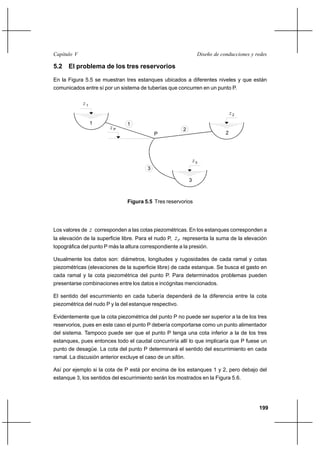 199
Diseño de conducciones y redesCapítulo V
5.2 El problema de los tres reservorios
En la Figura 5.5 se muestran tres estanques ubicados a diferentes niveles y que están
comunicados entre sí por un sistema de tuberías que concurren en un punto P.
Figura 5.5 Tres reservorios
Los valores de z corresponden a las cotas piezométricas. En los estanques corresponden a
la elevación de la superficie libre. Para el nudo P, Pz representa la suma de la elevación
topográfica del punto P más la altura correspondiente a la presión.
Usualmente los datos son: diámetros, longitudes y rugosidades de cada ramal y cotas
piezométricas (elevaciones de la superficie libre) de cada estanque. Se busca el gasto en
cada ramal y la cota piezométrica del punto P. Para determinados problemas pueden
presentarse combinaciones entre los datos e incógnitas mencionados.
El sentido del escurrimiento en cada tubería dependerá de la diferencia entre la cota
piezométrica del nudo P y la del estanque respectivo.
Evidentemente que la cota piezométrica del punto P no puede ser superior a la de los tres
reservorios, pues en este caso el punto P debería comportarse como un punto alimentador
del sistema. Tampoco puede ser que el punto P tenga una cota inferior a la de los tres
estanques, pues entonces todo el caudal concurriría allí lo que implicaría que P fuese un
punto de desagüe. La cota del punto P determinará el sentido del escurrimiento en cada
ramal. La discusión anterior excluye el caso de un sifón.
Así por ejemplo si la cota de P está por encima de los estanques 1 y 2, pero debajo del
estanque 3, los sentidos del escurrimiento serán los mostrados en la Figura 5.6.
1z
z P
P
z2
z3
1
2
3
1
2
3
 