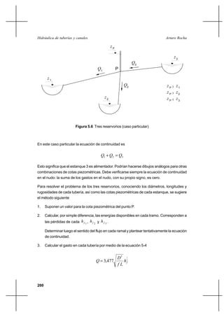 200
Arturo RochaHidráulica de tuberías y canales
Figura 5.6 Tres reservorios (caso particular)
En este caso particular la ecuación de continuidad es
321 QQQ =+
Esto significa que el estanque 3 es alimentador. Podrían hacerse dibujos análogos para otras
combinaciones de cotas piezométricas. Debe verificarse siempre la ecuación de continuidad
en el nudo: la suma de los gastos en el nudo, con su propio signo, es cero.
Para resolver el problema de los tres reservorios, conociendo los diámetros, longitudes y
rugosidades de cada tubería, así como las cotas piezométricas de cada estanque, se sugiere
el método siguiente
1. Suponer un valor para la cota piezométrica del punto P.
2. Calcular, por simple diferencia, las energías disponibles en cada tramo. Corresponden a
las pérdidas de cada 1fh , 2fh y 3fh .
Determinar luego el sentido del flujo en cada ramal y plantear tentativamente la ecuación
de continuidad.
3. Calcular el gasto en cada tubería por medio de la ecuación 5-4
2
15
477,3 fh
Lf
D
Q =
1
z
z P
z2
3
z
Q1
3
Q
Q2
P
z P
z1
z P
z2
z P
z3
 