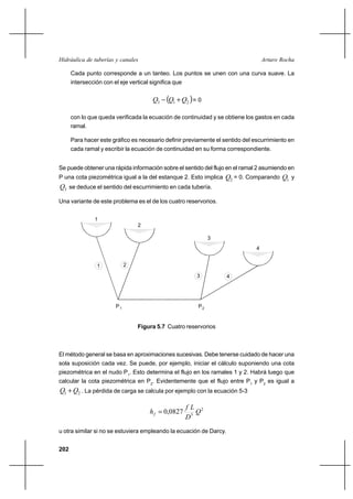 202
Arturo RochaHidráulica de tuberías y canales
Cada punto corresponde a un tanteo. Los puntos se unen con una curva suave. La
intersección con el eje vertical significa que
( )213 QQQ +− = 0
con lo que queda verificada la ecuación de continuidad y se obtiene los gastos en cada
ramal.
Para hacer este gráfico es necesario definir previamente el sentido del escurrimiento en
cada ramal y escribir la ecuación de continuidad en su forma correspondiente.
Se puede obtener una rápida información sobre el sentido del flujo en el ramal 2 asumiendo en
P una cota piezométrica igual a la del estanque 2. Esto implica 2Q = 0. Comparando 1Q y
3Q se deduce el sentido del escurrimiento en cada tubería.
Una variante de este problema es el de los cuatro reservorios.
Figura 5.7 Cuatro reservorios
El método general se basa en aproximaciones sucesivas. Debe tenerse cuidado de hacer una
sola suposición cada vez. Se puede, por ejemplo, iniciar el cálculo suponiendo una cota
piezométrica en el nudo P1
. Esto determina el flujo en los ramales 1 y 2. Habrá luego que
calcular la cota piezométrica en P2
. Evidentemente que el flujo entre P1
y P2
es igual a
21 QQ + . La pérdida de carga se calcula por ejemplo con la ecuación 5-3
2
5
0827,0 Q
D
Lf
hf =
u otra similar si no se estuviera empleando la ecuación de Darcy.
1
P1
1
2
3
4
2
3 4
P2
 