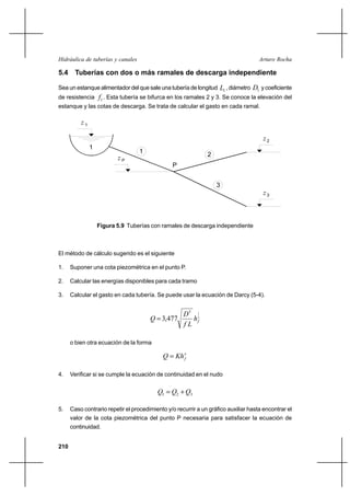 210
Arturo RochaHidráulica de tuberías y canales
5.4 Tuberías con dos o más ramales de descarga independiente
Sea un estanque alimentador del que sale una tubería de longitud 1L , diámetro 1D y coeficiente
de resistencia 1f . Esta tubería se bifurca en los ramales 2 y 3. Se conoce la elevación del
estanque y las cotas de descarga. Se trata de calcular el gasto en cada ramal.
Figura 5.9 Tuberías con ramales de descarga independiente
El método de cálculo sugerido es el siguiente
1. Suponer una cota piezométrica en el punto P.
2. Calcular las energías disponibles para cada tramo
3. Calcular el gasto en cada tubería. Se puede usar la ecuación de Darcy (5-4).
2
15
477,3 fh
Lf
D
Q =
o bien otra ecuación de la forma
x
fKhQ =
4. Verificar si se cumple la ecuación de continuidad en el nudo
321 QQQ +=
5. Caso contrario repetir el procedimiento y/o recurrir a un gráfico auxiliar hasta encontrar el
valor de la cota piezométrica del punto P necesaria para satisfacer la ecuación de
continuidad.
1z
z P
P
1
1 2
3
z3
z2
 