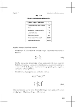219
Diseño de conducciones y redesCapítulo V
TABLA 5.2
COEFICIENTES DE HAZEN Y WILLIAMS
Hagamos una breve discusión de la fórmula.
- Si el Diámetro D y la pendiente de la línea de energía S se mantienen constantes se
tiene que
2
1
2
1
H
H
C
C
Q
Q
= (5-18)
Significa esto que si el coeficiente HC varía, el gasto variará en la misma proporción.
Podría también aplicarse este concepto a dos tuberías, que tengan el mismo diámetro y
el mismo valor de S . Sus gastos estarán en la misma proporción que sus respectivos
coeficientes de Hazen y Williams.
- Si el diámetro y el gasto permanecen constantes, entonces
54,0
22
54,0
11
SCSC HH =
85,1
2
1
1
2








=
H
H
C
C
S
S
(5-19)
Así por ejemplo si dos tuberías tienen el mismo diámetro y el mismo gasto, pero la primera
tiene HC igual a 100 y la segunda igual a 120, entonces
NATURALEZA DE LAS PAREDES HC
Extremadamente lisas y rectas
Lisas
Madera lisa, cemento pulido
Acero ribeteado
Fierro fundido viejo
Fierro viejo en mal estado
Fuertemente corroído
140
130
120
110
95
60-80
40-50
 