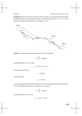 225
Diseño de conducciones y redesCapítulo V
Ejemplo 5.8 Proyectar la línea de conducción entre los estanques A y B siguiendo el perfil del terreno
mostrado en la figura. El caudal debe ser de 500 l/s. Se dispone de tuberías de 14’’, 16’’, 18’’ y 20 ‘’de
diámetro, para presiones de un máximo de 75 lb/pulg2
, HC = 100,
Solución. Si usáramos un diámetro constante entre A y B se tendría que
74
265
,
S = =56,4m/km
La pérdida de carga entre A y N sería
197,43,556,4 =×=ANfh m
La cota piezométrica en N es
Nz =1027,6m
La presión en N es
Np =-22,4m
Es una presión negativa inadmisible. Pensemos entonces en descomponer la tubería en dos tramos:
AN y NB. Supongamos que entre A y N el diámetro es constante.
5,3
175
=S =50m/km
La pérdida de carga entre A y M es
653,150 =×=AMfh m
1 225 m
1 100 m 1 050 m
A
M
N
B
1 300 m
960 m
2 200 m
1 200 m
B'
 