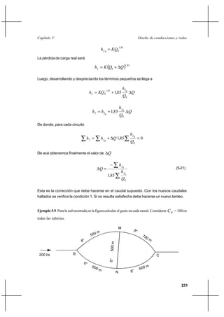 231
Diseño de conducciones y redesCapítulo V
85,1
00
KQhf =
La pérdida de carga real será
( ) 85,1
0 QQKhf ∆+=
Luego, desarrollando y despreciando los términos pequeños se llega a
Q
Q
h
KQh
f
f ∆+=
0
085,1
0 85,1
Q
Q
h
hh
f
ff ∆+=
0
0
0
85,1
De donde, para cada circuito
∑ ∑ ∑ =∆+= 085,1
0
0
0 Q
h
Qhh
f
ff
De acá obtenemos finalmente el valor de Q∆
∑
∑−
=∆
0
0
0
85,1
Q
h
h
Q
f
f
(5-21)
Esta es la corrección que debe hacerse en el caudal supuesto. Con los nuevos caudales
hallados se verifica la condición 1. Si no resulta satisfecha debe hacerse un nuevo tanteo.
Ejemplo 5.9 Para la red mostrada en la figura calcular el gasto en cada ramal. Considerar HC = 100 en
todas las tuberías.
B C
M
N
8"
500 m
700 m
8"
600 m
6"
600 m
8"
6"500m
200 l/s
6’’500m
 