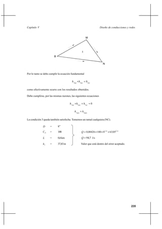 235
Diseño de conducciones y redesCapítulo V
Por lo tanto se debe cumplir la ecuación fundamental
BNfMNfBMf hhh =+
como efectivamente ocurre con los resultados obtenidos.
Debe cumplirse, por las mismas razones, las siguientes ecuaciones
0=++ NCfMNfMCf hhh
BMCfBNCf hh =
La condición 3 queda también satisfecha. Tomemos un ramal cualquiera (NC).
D = 8’’
HC = 100 540632
05638100004260 ,,
,,Q ×××=
L = 0,6km 7,94=Q l/s
fh = 37,83m Valor que está dentro del error aceptado.
M
B
N
I
 