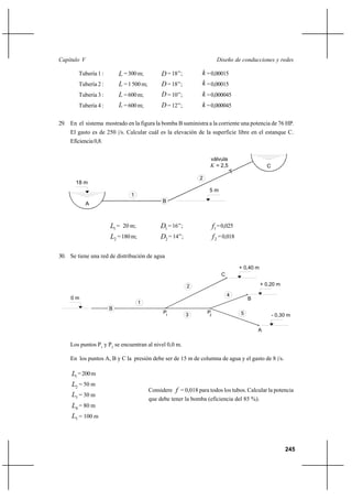 245
Diseño de conducciones y redesCapítulo V
Tubería 1 : L =300m; D=18’’; k =0,00015
Tubería 2 : L =1500m; D=18’’; k =0,00015
Tubería 3 : L =600m; D =10’’; k =0,000045
Tubería 4 : L =600m; D =12’’; k =0,000045
29. En el sistema mostrado en la figura la bomba B suministra a la corriente una potencia de 76 HP.
El gasto es de 250 |/s. Calcular cuál es la elevación de la superficie libre en el estanque C.
Eficiencia0,8.
1L = 20 m; 1D =16’’; 1f =0,025
2L =180m; 2D =14’’; 2f =0,018
30. Se tiene una red de distribución de agua
Los puntos P1
y P2
se encuentran al nivel 0,0 m.
En los puntos A, B y C la presión debe ser de 15 m de columna de agua y el gasto de 8 |/s.
1L =200m
2L = 50 m
3L = 30 m
4L = 80 m
5L = 100 m
18 m
C
5 m
B
1
2
A
válvula
K = 2,5
+ 0,40 m
B
1
2 + 0,20 m
- 0,30 m
0 m
3
4
5P1
P2
A
B
C
Considere f = 0,018 para todos los tubos. Calcular la potencia
que debe tener la bomba (eficiencia del 85 %).
 