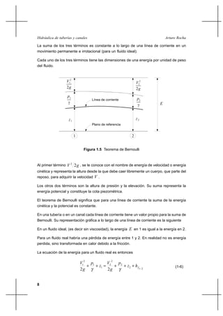 8
Arturo RochaHidráulica de tuberías y canales
La suma de los tres términos es constante a lo largo de una línea de corriente en un
movimiento permanente e irrotacional (para un fluido ideal).
Cada uno de los tres términos tiene las dimensiones de una energía por unidad de peso
del fluido.
V 2
g2
1
2
V2
p
γ
1
2
p
γ
1z z2
E
g2
Línea de corriente
Plano de referencia
1 2
Figura 1.5 Teorema de Bernoulli
Al primer término gV 22
, se le conoce con el nombre de energía de velocidad o energía
cinética y representa la altura desde la que debe caer libremente un cuerpo, que parte del
reposo, para adquirir la velocidad V .
Los otros dos términos son la altura de presión y la elevación. Su suma representa la
energía potencial y constituye la cota piezométrica.
El teorema de Bernoulli significa que para una línea de corriente la suma de la energía
cinética y la potencial es constante.
En una tubería o en un canal cada línea de corriente tiene un valor propio para la suma de
Bernoulli. Su representación gráfica a lo largo de una línea de corriente es la siguiente
En un fluido ideal, (es decir sin viscosidad), la energía E en 1 es igual a la energía en 2.
Para un fluido real habría una pérdida de energía entre 1 y 2. En realidad no es energía
perdida, sino transformada en calor debido a la fricción.
La ecuación de la energía para un fluido real es entonces
212
2
2
2
1
1
2
1
22 −
+++=++ fhz
p
g
V
z
p
g
V
γγ
(1-6)
 