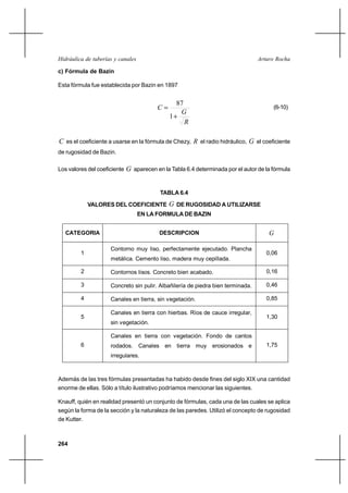 264
Arturo RochaHidráulica de tuberías y canales
c) Fórmula de Bazin
Esta fórmula fue establecida por Bazin en 1897
R
G
C
+
=
1
87
(6-10)
C es el coeficiente a usarse en la fórmula de Chezy, R el radio hidráulico, G el coeficiente
de rugosidad de Bazin.
Los valores del coeficiente G aparecen en la Tabla 6.4 determinada por el autor de la fórmula
TABLA 6.4
VALORES DEL COEFICIENTE G DE RUGOSIDAD A UTILIZARSE
EN LA FORMULA DE BAZIN
Además de las tres fórmulas presentadas ha habido desde fines del siglo XIX una cantidad
enorme de ellas. Sólo a título ilustrativo podríamos mencionar las siguientes.
Knauff, quién en realidad presentó un conjunto de fórmulas, cada una de las cuales se aplica
según la forma de la sección y la naturaleza de las paredes. Utilizó el concepto de rugosidad
de Kutter.
CATEGORIA DESCRIPCION G
1
Contorno muy liso, perfectamente ejecutado. Plancha
metálica. Cemento liso, madera muy cepillada.
0,06
2 Contornos lisos. Concreto bien acabado. 0,16
3 Concreto sin pulir. Albañilería de piedra bien terminada. 0,46
4 Canales en tierra, sin vegetación. 0,85
5
Canales en tierra con hierbas. Ríos de cauce irregular,
sin vegetación.
1,30
6
Canales en tierra con vegetación. Fondo de cantos
rodados. Canales en tierra muy erosionados e
irregulares.
1,75
 