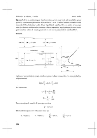 376
Arturo RochaHidráulica de tuberías y canales
Ejemplo 7.11 En un canal rectangular el ancho se reduce de 4 a 3 m y el fondo se levanta 0,25 m (grada
positiva). Aguas arriba la profundidad de la corriente es 2,80 m. En la zona contraída la superficie libre
desciende 0,10 m. Calcular el caudal, dibujar el perfil de la superficie libre y el gráfico de la energía
específica. Calcular también cual es el máximo valor que podría tener la grada para que circule el mismo
gasto sin alterar la línea de energía. ¿Cuál sería en este caso la depresión de la superficie libre?.
Solución.
Aplicamos la ecuación de la energía entre las secciones 1 y 2 que corresponden a los anchos de 4 y 3 m,
respectivamente
25,0
2
45,2
2
80,2
2
2
2
1
++=+
g
V
g
V
Por continuidad,
2,114 11
1
Q
y
Q
A
Q
V ===
35,73 2
2
Q
y
Q
V ==
Reemplazando en la ecuación de la energía se obtiene
Q = 13,64 m3
/s
Efectuando las operaciones indicadas se tiene que
1V = 1,22 m/s; 2V = 1,86 m/s;
g
V
2
2
1
= 0,08 m;
g
V
2
2
2
=0,18m
4,0 m 3,0 mq = 3,41 m /s/m
1
3
q = 4,55 m /s/m2
3
Línea de energía
0,08 m
0,10 m
y = 1,28 mc2
2,45 m
2,63 m
0,25 m
c
y = 1,06 m
1
2,88 m 2,80 m
3
Q = 13,64 m /s
45º
2,80 m
2,88 m
1,06 m
1,59 m
1,06 m 0,53 m
E
y
 