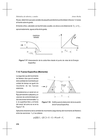 378
Arturo RochaHidráulica de tuberías y canales
Rouse, determinó que para canales de pequeña pendiente la profundidad crítica es 1,4 veces
el tirante sobre la grada.
El tirante crítico, calculado con las fórmulas usuales, se ubica a una distancia de cy3 a cy4 ,
aproximadamente, aguas arriba de la grada.
7.12 Fuerza Específica (Momenta)
La segunda Ley del movimiento
de Newton dice que el cambio
de la cantidad de movimiento por
unidad de tiempo es igual a la
resultante de las fuerzas
exteriores.
Consideremos un canal con un
flujo permanente cualquiera y un
volumen de control limitado por
dos secciones transversales 1 y
2, la superficie libre y el fondo
del canal, tal como se ve en la
Figura 7.18.
Aplicando el teorema de la cantidad de movimiento (segunda ley del movimiento de Newton)
entre las secciones 1 y 2 se obtiene
( ) fFWsenPPVVQ −+−=− θββρ 211122 (7-84)
Figura 7.17 Interpretación de la caída libre desde el punto de vista de la Energía
Específica
L
y1
y2
Wsenθ
P1 P2
Q
Ff
1 2
Figura 7.18 Gráfica para la deducción de la ecuación
de la Fuerza Específica.
y
E
yc
≈ 3,5yc
ENERGIA
MINIMA
Emin
 