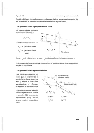 419
Movimiento gradualmente variadoCapítulo VIII
El quiebre del fondo, de pendiente suave a más suave, da lugar a una curva de empalme tipo
M1, río peraltado en pendiente suave que se desarrolla en el primer tramo.
2. De pendiente suave a pendiente menos suave
Por consideraciones similares a
las anteriores se tiene que
12 nn yy <
En ambos tramos se cumple que
cn yy >
1
(pendiente suave)
cn yy >
2
(pendiente menos
suave)
Como
2ny está más cerca de cy que
1ny , se dice que la pendiente es menos suave.
El perfil de empalme es del tipo M2, río deprimido en pendiente suave. A partir del punto P
empieza un río uniforme.
3. De pendiente suave a pendiente fuerte
En el tramo de aguas arriba hay
un río que al aproximarse al
cambio de pendiente se deprime
(M2) y tiende a acercarse
normalmente a cyy = . Como un
río deprimido en pendiente suave.
Inmediatamente aguas abajo del
cambio de pendiente el torrente
se peralta (S2), arrancando
normalmente a cyy = como un
torrente peraltado en pendiente
fuerte.
yn
yc
2
n
y
1
10
S
S02
M2
P
Río uniforme
S < <
20
S Sc01
yc
y
yn
yc
2
n
y
1
10
S
S02
S < <cS S01
yc
M2
S2
20
(río deprimido en
pendiente suave)
(torrente peraltado
en pendiente fuerte)
SUAVE FUERTE
yy >n1 c
y < y
2n c
 