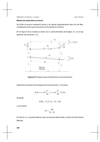 426
Arturo RochaHidráulica de tuberías y canales
Método de subdivisión en tramos
Se divide el canal en pequeños tramos y se calcula separadamente cada uno de ellos,
considerando como que en ese tramo el movimiento es uniforme.
En la Figura 8.8 se muestra un tramo de un canal prismático de longitud x∆ en el que
aparecen las secciones 1 y 2.
1α
g2
V1
2
SE
WS
2
V
2 g
2
2α
h =f
1
y y2
S0
S ∆x0
S ∆xE
∆x
z1
2z
Plano de
referencia
Figura 8.8 Esquema para el cálculo de la curva de remanso
Aplicando la ecuación de la energía entre las secciones 1 y 2 se tiene
xS
g
V
y
g
V
yxS E∆++=++∆
22
2
2
22
2
1
110 αα
de donde,
( ) EEESSx E ∆=−=−∆ 120
y por lo tanto,
ESS
E
x
−
∆
=∆
0
El valor de ES se puede obtener, para una sección determinada, a partir de la fórmula de
Manning
 