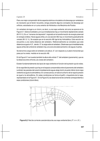 457
VertederosCapítulo IX
Para una mejor comprensión de los aspectos teóricos vinculados a la descarga por vertederos
es necesario que el lector recuerde y tenga presente algunos conceptos de descarga por
orificios, estudiados en un curso anterior de Hidráulica o de Mecánica de Fluidos.
Un vertedero da lugar a un chorro, es decir, a una napa vertiente, tal como se aprecia en la
Figura 9.1. Sobre el vertedero y en sus inmediaciones hay un movimiento rápidamente variado
(M. R. V.). Es un ‘‘remanso de depresión’’ originado en la transformación de energía potencial
en energía cinética. Hacia aguas arriba, en una sección AB, hay un movimiento gradualmente
variado (M. G. V.). Se acepta que en la sección AB rige la ley hidrostática. Esta sección se
encuentra a una cierta distancia del vertedero. Referencialmente se considera que esta
distancia es igual a 4 H , siendo H la carga sobre el vertedero. Obsérvese que inmediatamente
aguas arriba del umbral de vertedero hay una zona de estancamiento o de aguas muertas.
Se denomina carga sobre el vertedero a la altura H con respecto a un plano horizontal que
pasa por la cresta, medida en la sección AB.
En la Figura 9.1 se muestra también la altura del umbral P del vertedero (paramento), que es
la distancia entre el fondo y la cresta del vertedero.
Existen fundamentalmente dos tipos de napa vertiente en función de la presión que la rodea.
En la napa libre la presión que hay en el espacio comprendido entre el paramento del vertedero
(umbral), las paredes del canal inmediatamente aguas abajo de él y la parte inferior de la napa
vertiente es igual a la atmosférica. En consecuencia, en todo el contorno de la napa la presión
es igual a la atmosférica. En estas condiciones se forma el perfil, o trayectoria de la napa,
representado en la Figura 9.1. En la Figura 9.2 se observa la red de corriente correspondiente a
esas condiciones (chorro libre).
Figura 9.2 Red de corriente característica de una napa vertiente libre ( HP >>> )
p
γhV
p
γ
V
h
H
P
 