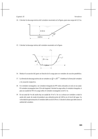 505
VertederosCapítulo IX
14. Calcular la descarga teórica del vertedero mostrado en la figura, para una carga de 0,12 m.
0,12 m
0,25 m
30º
15. Calcular la descarga teórica del vertedero mostrado en la figura
1,23 m
60º
H = 1 m
x
y
2
y = x
16. Deducir la ecuación del gasto en función de la carga para un vertedero de sección parabólica.
17. La fórmula de descarga teórica de un vertedero es
27
cHQ = . Establecer la forma del vertedero
y la ecuación respectiva.
18. Un vertedero rectangular y un vertedero triangular de 90º están colocados en serie en un canal.
El vertedero rectangular tiene 2,0 m de longitud. Calcular la carga sobre el vertedero triangular, si
para un caudal de 50 l/s la carga sobre el vertedero rectangular es de 0,1 m.
19. En un canal de 9 m de ancho hay un caudal de 18 m3
/s. Se va a colocar un vertedero a todo lo
ancho del canal, de modo de producir una sobreelevación de 0,40 m en el nivel del agua. La
velocidad de aproximación al vertedero debe ser de 0,50 m/s. Calcular la altura que debe tener el
umbral del vertedero.
 