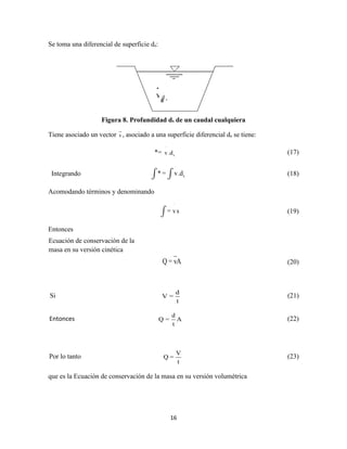 16
Se toma una diferencial de superficie ds:
Figura 8. Profundidad ds de un caudal cualquiera
Tiene asociado un vector v , asociado a una superficie diferencial ds se tiene:
*=
˙
sv.d (17)
Integrando
˙
s.* v d= (18)
Acomodando términos y denominando
˙
= vs (19)
Entonces
Q = vA (20)
Si
d
V =
t
(21)
Entonces
d
Q = A
t
(22)
Por lo tanto
V
Q =
t
(23)
que es la Ecuación de conservación de la masa en su versión volumétrica
sd
Ecuación de conservación de la
masa en su versión cinética
 