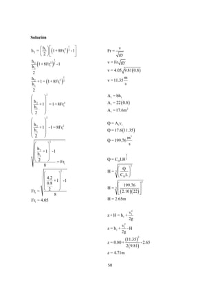 58
Solución
 
 
 
1
21 2
2 1
1
22 2
1
1
1
22 2
1
1
2
22
1
1
2
22
1
1
2
2
1
1
2
1
1
h
h = 1+8Fr -1
2
h
1+8Fr -1
h
2
h
+1= 1+8Fr
h
2
h
+1 =1+8Fr
h
2
h
+1 -1= 8Fr
h
2
h
+1 -1
h
2 = Fr
8
4.2
+1 -1
0.8
2Fr =
8
Fr = 4.05
  
   
   
 
 
 
 
 
 
 
 
 
 
 
 
 
 
 
 
 
 
 
 
 
 
 
  
 
 
1 1
1
2
1
1 1
3
3
2
D
2
3
D
2
3
2
1
1
2
1
1
2
v
Fr =
gy
v = Fr gy
v = 4.05 9.81 0.8
m
v =11.35
s
A = bh
A = 22 0.8
A =17.6m
Q = A v
Q =17.6 11.35
m
Q =199.76
s
Q = C LH
Q
H =
C L
199.76
H =
2.10 22
H = 2.65m
v
z + H = h +
2g
v
z = h + -H
2g
11.35
z = 0.80 + -2.65
2 9.81
z = 4.71m
 
 
 
 
 
 
 