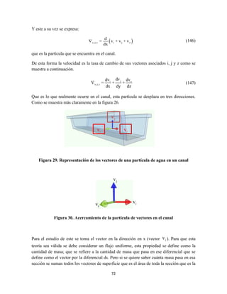 72
Y este a su vez se expresa:
 x,y,z i j z
d
= v + v + v
dx
 (146)
que es la partícula que se encuentra en el canal.
De esta forma la velocidad es la tasa de cambio de sus vectores asociados i, j y z como se
muestra a continuación.
ji z
x,y,z
dvdv dv
= + +
dx dy dz
 (147)
Que es lo que realmente ocurre en el canal, esta partícula se desplaza en tres direcciones.
Como se muestra más claramente en la figura 26.
Figura 29. Representación de los vectores de una partícula de agua en un canal
Figura 30. Acercamiento de la partícula de vectores en el canal
Para el estudio de este se toma el vector en la dirección en x (vector iv ). Para que esta
teoría sea válida se debe considerar un flujo uniforme, esta propiedad se define como la
cantidad de masa; que se refiere a la cantidad de masa que pasa en ese diferencial que se
define como el vector por la diferencial ds. Pero si se quiere saber cuánta masa pasa en esa
sección se suman todos los vectores de superficie que es el área de toda la sección que es la
 