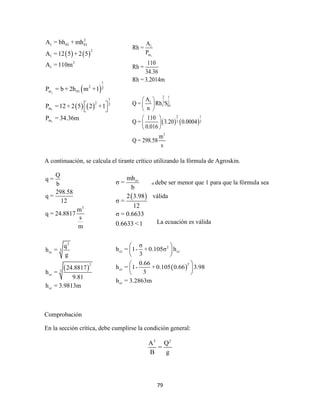 79
   
 
   
1
1
1
2
1 01 01
2
1
2
1
1
2 2
m 01
1
2 2
m
m
A = bh + mh
A =12 5 + 2 5
A =110m
P = b + 2h m +1
P =12 + 2 5 2 +1
P = 34.36m
 
 
A continuación, se calcula el tirante crítico utilizando la fórmula de Agroskin.
 
3
2
3
cr
2
3
cr
cr
Q
q =
b
298.58
q =
12
m
q = 24.8817
s
m
q
h =
g
24.8817
h =
9.81
h = 3.9813m
Comprobación
En la sección crítica, debe cumplirse la condición general:
3 2
A Q
=
B g
   
1
1
m
2 1
1 3 2
1 01
2 1
3 2
3
A
Rh =
P
110
Rh =
34.36
Rh = 3.2014m
A
Q = Rh S
n
110
Q = 3.20 0.0004
0.016
m
Q = 298.58
s
 
 
 
 
 
 
 
crmh
σ =
b
2 3.98
σ =
12
σ = 0.6633
0.6633 <1
σ debe ser menor que 1 para que la fórmula sea
válida
La ecuación es válida
 
2
ct cr
2
ct
ct
σ
h = 1- + 0.105σ h
3
0.66
h = 1- + 0.105 0.66 3.98
3
h = 3.2863m
 
 
 
 
 
 
 