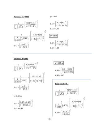 85
Para una S0=0.001
 
   
 
   
  
2
2 3
2
0
2
3
2
1
2 2
2
2 3
b h + k hv
=
1 b + 2 1+ k yS
n
1 h +1 h3
=
1
0.001 1+ 2h 1 +1
0.015
h + h
1.42 =
1+ 2.83h
 
 
     
 
 
 
 
   
     
 
 
 
Para una S0=0.01
 
   
 
   
  
2
2 3
2
0
2
3
2
1
2 2
2
2 3
b h + k hv
=
1 b + 2 1+ k yS
n
1 h +1 h3
=
1
0.01 1+ 2h 1 +1
0.015
h + h
0.45 =
1+ 2.83h
 
 
     
 
 
 
 
   
     
 
 
 
y= 0.45 m
 
 
2
2 3
0.45+ 0.45
0.45 =
1+ 2.83 0.45
0.45 0.43
 
 
  

y= 4.5 m
 
 
2
2 3
4.5+ 4.5
1.42 =
1+ 2.83 4.5
1.42 1.48
 
 
  

y= 4.2 m
 
 
2
2 3
4.2 + 4.2
1.42 =
1+ 2.83 4.2
1.42 =1.42
 
 
  
y= 0.48 m
 
 
2
2 3
0.48+ 0.48
0.45 =
1+ 2.83 0.48
0.45 = 0.45
 
 
  
Para una S0=0.1
 
   
 
   
  
2
2 3
2
0
2
3
2
1
2 2
2
2 3
b h + k hv
=
1 b + 2 1+ k yS
n
1 h +1 h3
=
1
0.1 1+ 2h 1 +1
0.015
h + h
0.14 =
1+ 2.83h
 
 
     
 
 
 
 
   
     
 
 
 
 