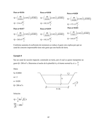 87
Para n=0.016
   
2
3
3
48
Q = 2.05 0.002
0.016
m
Q = 216.4
s
 
 
 
Para n=0.017
   
2
3
3
48
Q = 2.05 0.002
0.017
m
Q = 203.67
s
 
 
 
Conforme aumenta el coeficiente de resistencia se reduce el gasto esto explica por qué un
canal de concreto impermeable tiene más gasto que uno hecho de tierra.
Ejemplo 8
Sea un canal de sección trapecial, construido en tierra, por el cual se quiere transportar un
gasto Q= 200 m3
/s. Determine el ancho de la plantilla b y el tirante normal h0 sí
b
h =
2
Datos
S0=0.0004
m= 2
n= 0.020
Q= 200 m3
/s
Solución
2
3
0
2
3
1
Q = Rh S A
n
Qn
= ARh
S
Para n=0.018
   
2
3
3
48
Q = 2.05 0.002
0.018
m
Q = 192.35
s
 
 
 
Para n=0.019
   
2
3
3
48
Q = 2.05 0.002
0.018
m
Q = 192.35
s
 
 
 
Para n=0.020
   
2
3
3
48
Q = 2.05 0.002
0.020
m
Q = 173.12
s
 
 
 
Para n=0.021
   
2
3
3
48
Q = 2.05 0.002
0.021
m
Q =164.87
s
 
 
 
h
b=2h
1
2
 