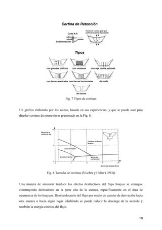 10
Fig. 7 Tipos de cortinas
Un gráfico elaborado por los suizos, basado en sus experiencias, y que se puede usar para
diseñar cortinas de retención es presentado en la Fig. 8.
Fig. 8 Tamaño de cortinas (Vischer y Huber (1993))
Una manera de aminorar también los efectos destructivos del flujo huayco se consigue
construyendo derivadores en la parte alta de la cuenca, específicamente en el área de
ocurrencia de los huaycos. Desviando parte del flujo por medio de canales de derivación hacia
otra cuenca o hacia algún lugar inhabitado se puede reducir la descarga de la avenida y
también la energía cinética del flujo.
 