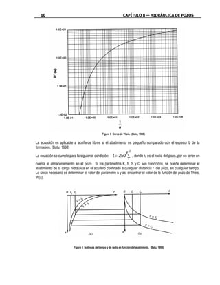 10                                                                CAPÍTULO 8 — HIDRÁULICA DE POZOS




                                                   Figura 3 Curva de Theis. (Batu, 1998)


La ecuación es aplicable a acuíferos libres si el abatimiento es pequeño comparado con el espesor b de la
formación. (Batu, 1998)
                                                                           2
                                                          r
La ecuación se cumple para la siguiente condición: t > 250 c , donde rc es el radio del pozo, por no tener en
                                                           T
cuenta el almacenamiento en el pozo. Si los parámetros K, b, S y Q son conocidos, se puede determinar el
abatimiento de la carga hidráulica en el acuífero confinado a cualquier distancia r del pozo, en cualquier tiempo.
Lo único necesario es determinar el valor del parámetro u y así encontrar el valor de la función del pozo de Theis,
W(u).




                          Figura 4 Isolíneas de tiempo y de radio en función del abatimiento. (Batu, 1998)
 