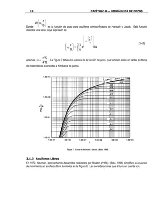 16                                                              CAPÍTULO 8 — HIDRÁULICA DE POZOS


        r
      W u, 
Donde   B  es la función de pozo para acuíferos semiconfinados de Hantush y Jacob. Está función
describe una serie, cuya expresión es:

                                                              r 
                                                                    2
                                                                
                                                         −u −  B  
                                                                u 
                                                ∞                                                      [3.43]
                                     r      1                      
                                     u,  = ∫ e                     
                                                                          du
                                     B u u

               r 2S
Además, u =         . La Figura 7 tabula los valores de la función de pozo, que también están en tablas en libros
               4 Tt
de matemáticas avanzadas e hidráulica de pozos.




                                     Figura 7. Curva de Hantush y Jacob. (Batu, 1998)



3.1.3 Acuíferos Libres
En 1972, Neuman, aprovechando desarrollos realizados por Boulton (1954), (Batu, 1998) simplifico la ecuación
de movimiento en acuíferos libre, ilustrados en la Figura 8. Las consideraciones que él tuvo en cuenta son:
 