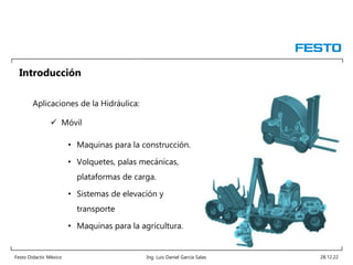 Festo Didactic México Ing. Luis Daniel García Salas 28.12.22
Introducción
Aplicaciones de la Hidráulica:
 Móvil
• Maquinas para la construcción.
• Volquetes, palas mecánicas,
plataformas de carga.
• Sistemas de elevación y
transporte
• Maquinas para la agricultura.
 